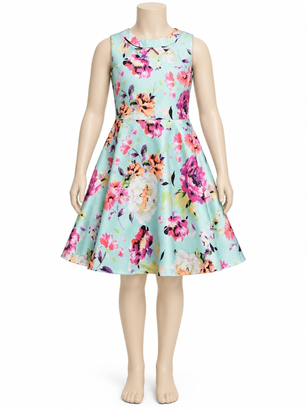 The Children's Place Aqua Floral Fit-and-Flare Dress with Pink & Purple Flowers